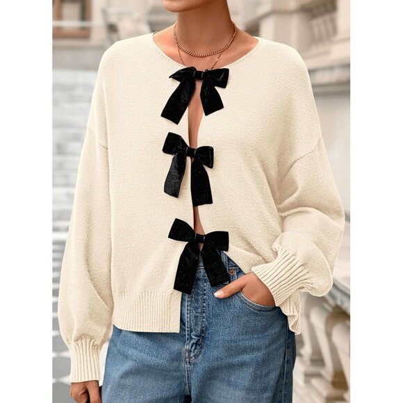Women’s Knit Cardigan Sweater Long Sleeve Bow Tie Front Fall Winter Tops - Picture 3 of 8